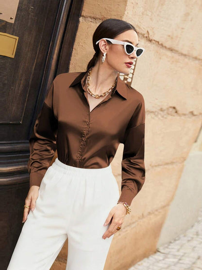 Women's Satin Button Front Long Sleeve Shirt, Silky Stretch Blouse for Work and Evening - Black
