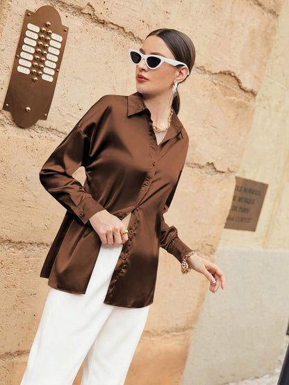 Women's Satin Button Front Long Sleeve Shirt, Silky Stretch Blouse for Work and Evening - White