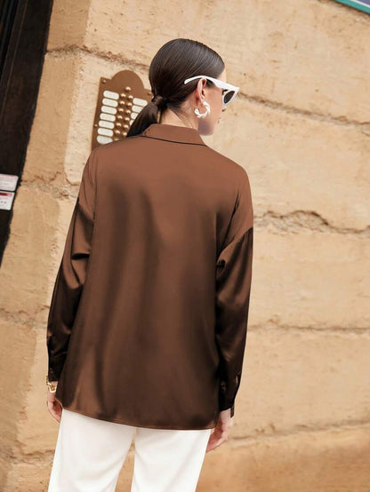 Women's Satin Button Front Long Sleeve Shirt, Silky Stretch Blouse for Work and Evening - Burgundy