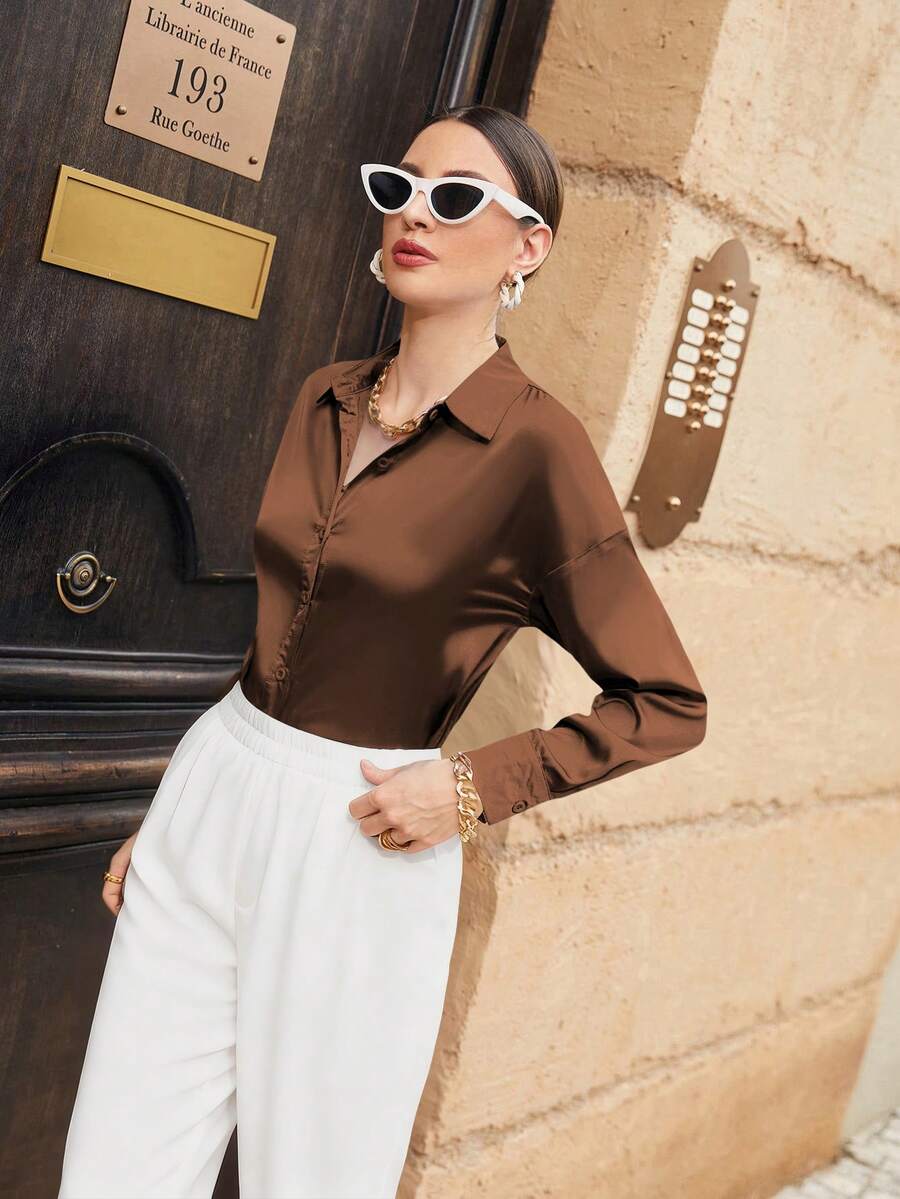 Women's Satin Button Front Long Sleeve Shirt, Silky Stretch Blouse for Work and Evening - Green