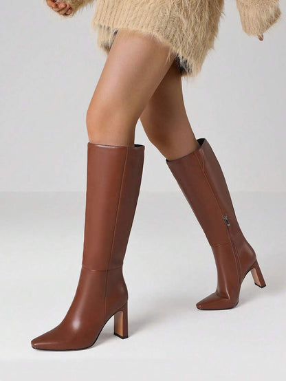 Women's Solid Knee High Boots Fashion Square Toe Block Chunky High Heels Side Zipper Party Dress Sexy Fall Boots Woman Mensa