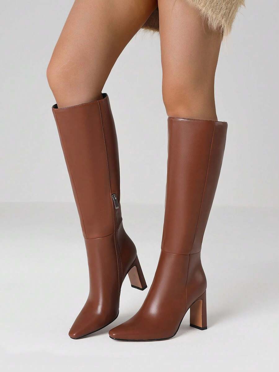 Women's Solid Knee High Boots Fashion Square Toe Block Chunky High Heels Side Zipper Party Dress Sexy Fall Boots Woman Mensa