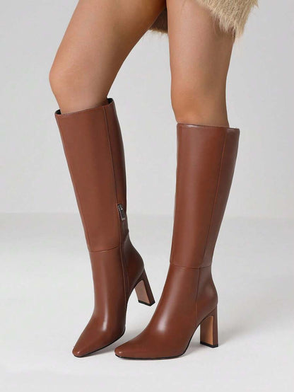 Women's Solid Knee High Boots Fashion Square Toe Block Chunky High Heels Side Zipper Party Dress Sexy Fall Boots Woman Mensa