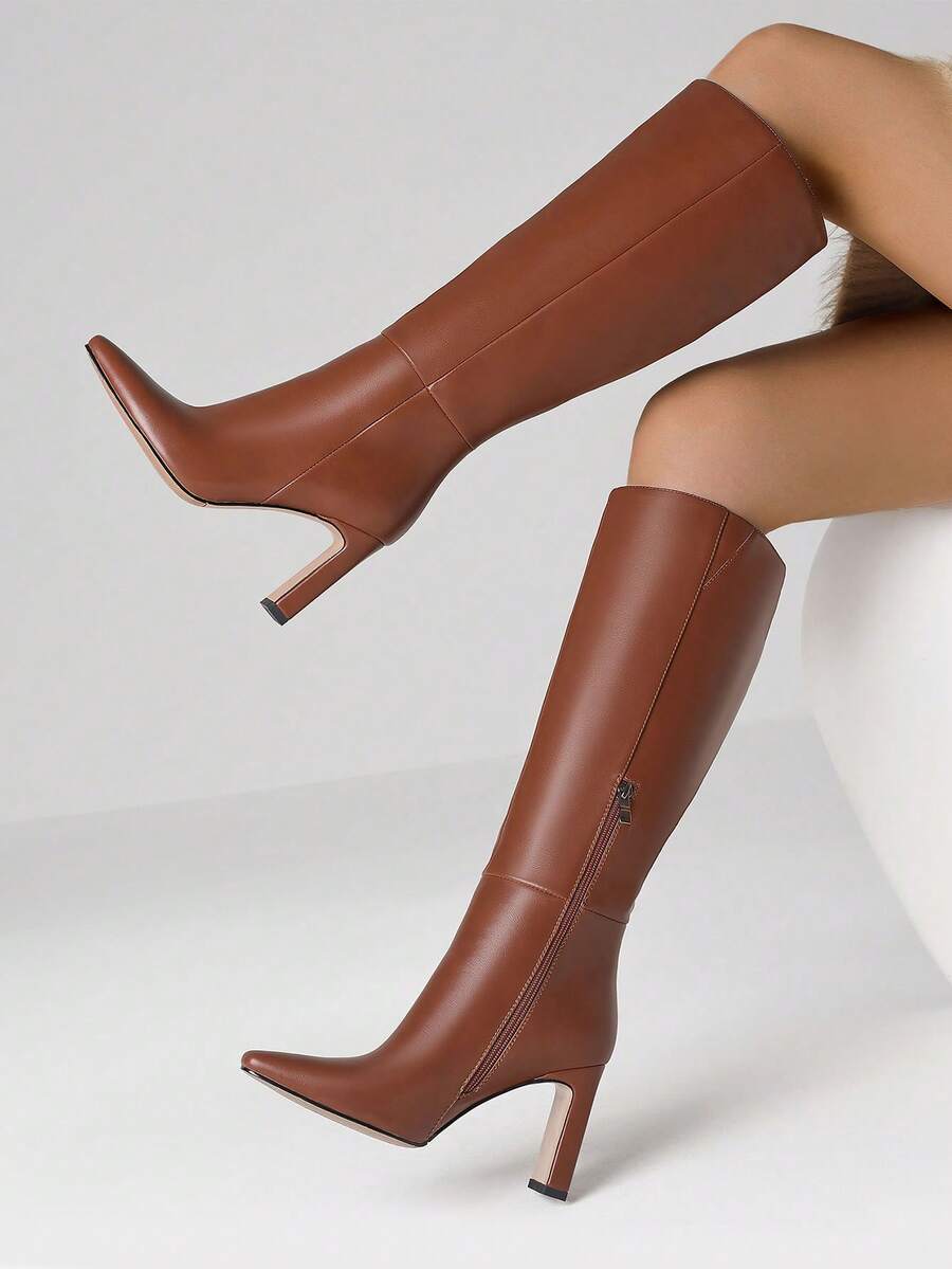 Women's Solid Knee High Boots Fashion Square Toe Block Chunky High Heels Side Zipper Party Dress Sexy Fall Boots Woman Mensa