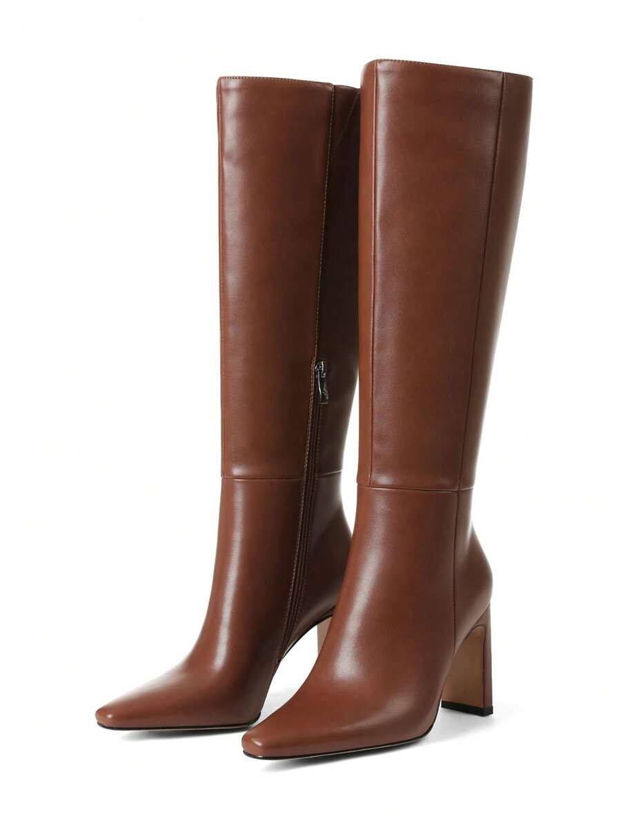 Women's Solid Knee High Boots Fashion Square Toe Block Chunky High Heels Side Zipper Party Dress Sexy Fall Boots Woman Mensa