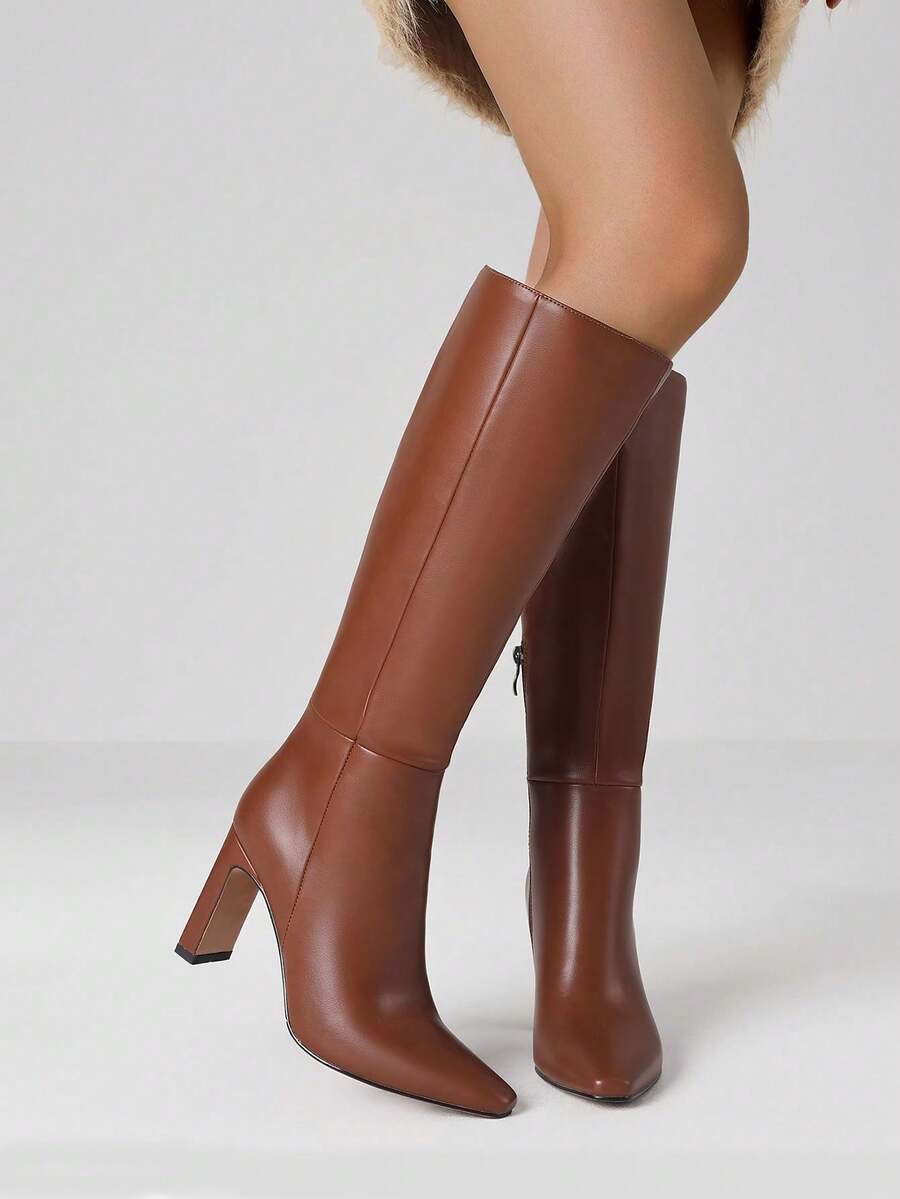 Women's Solid Knee High Boots Fashion Square Toe Block Chunky High Heels Side Zipper Party Dress Sexy Fall Boots Woman Mensa