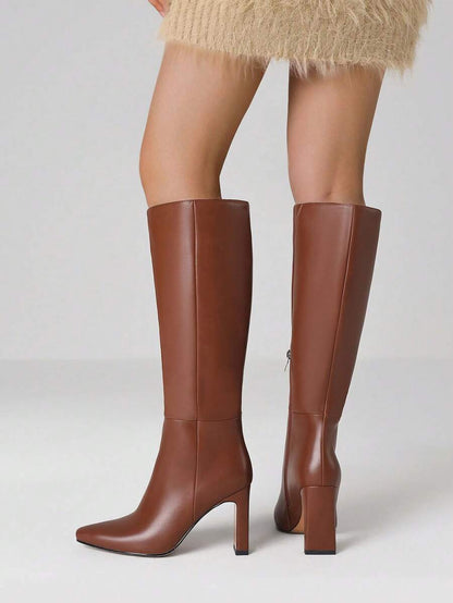 Women's Solid Knee High Boots Fashion Square Toe Block Chunky High Heels Side Zipper Party Dress Sexy Fall Boots Woman Mensa