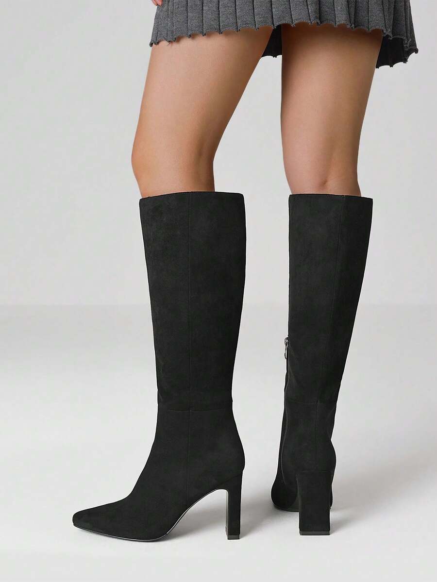 Women's Solid Knee High Boots Fashion Square Toe Block Chunky High Heels Side Zipper Party Dress Sexy Fall Boots Woman Mensa