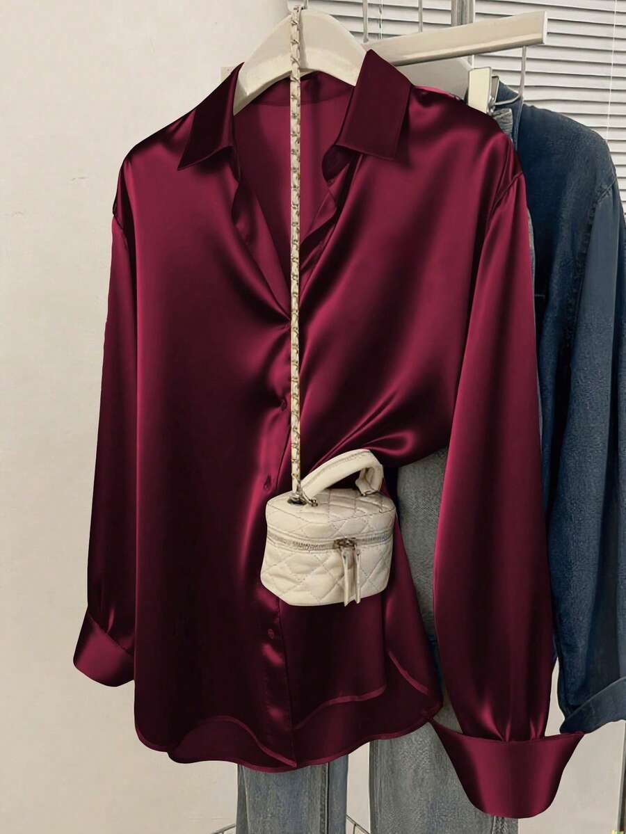 Valeria Satin Long Sleeve Button Down Collared Shirt - Burgundy