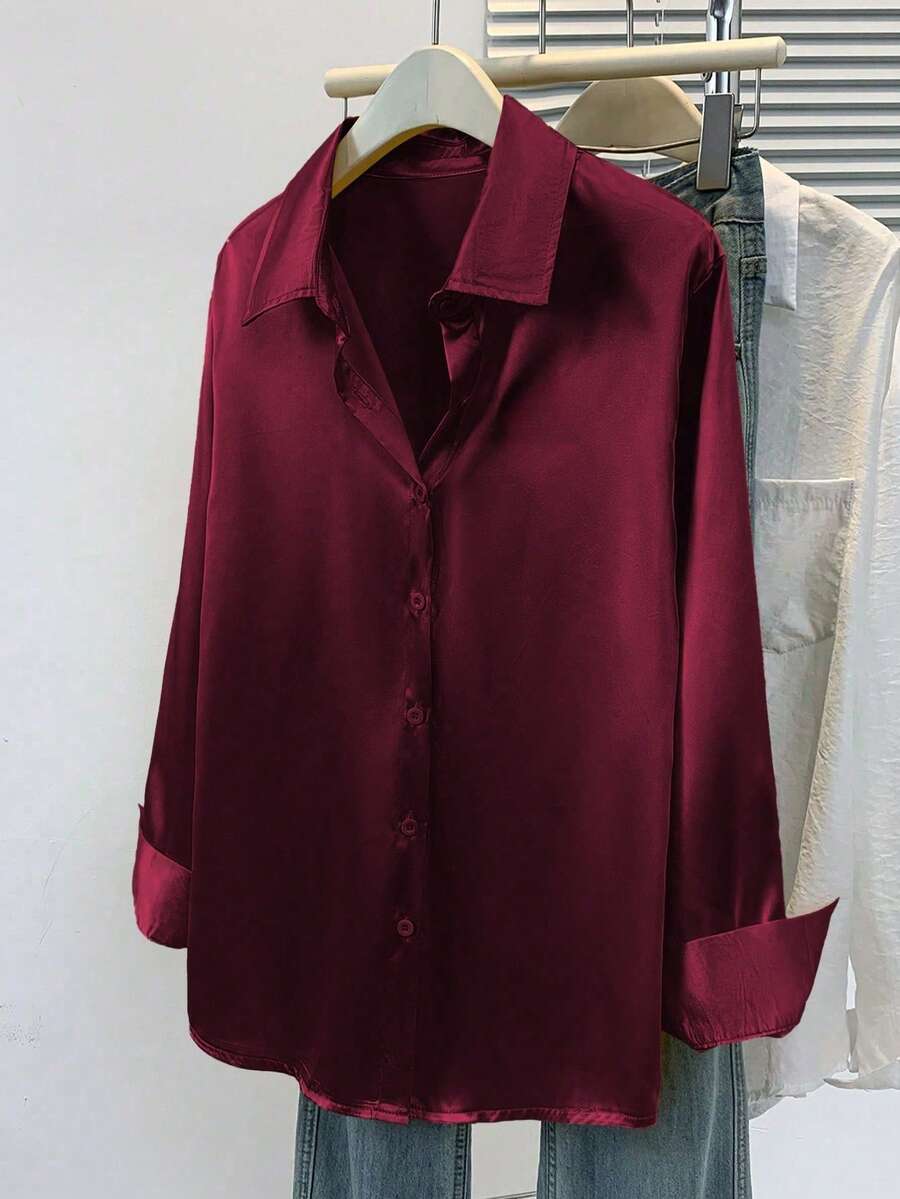Valeria Satin Long Sleeve Button Down Collared Shirt - Burgundy