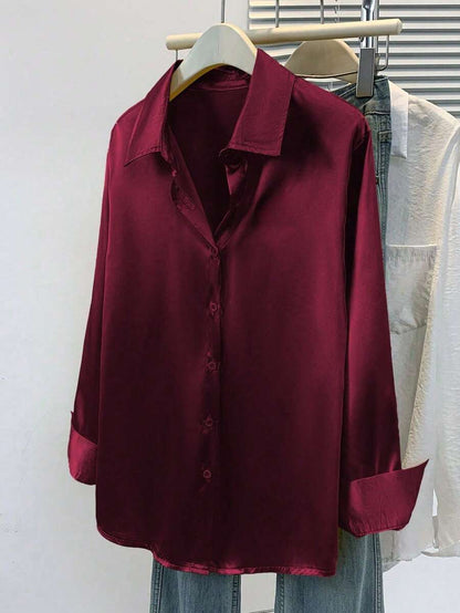 Valeria Satin Long Sleeve Button Down Collared Shirt - Burgundy