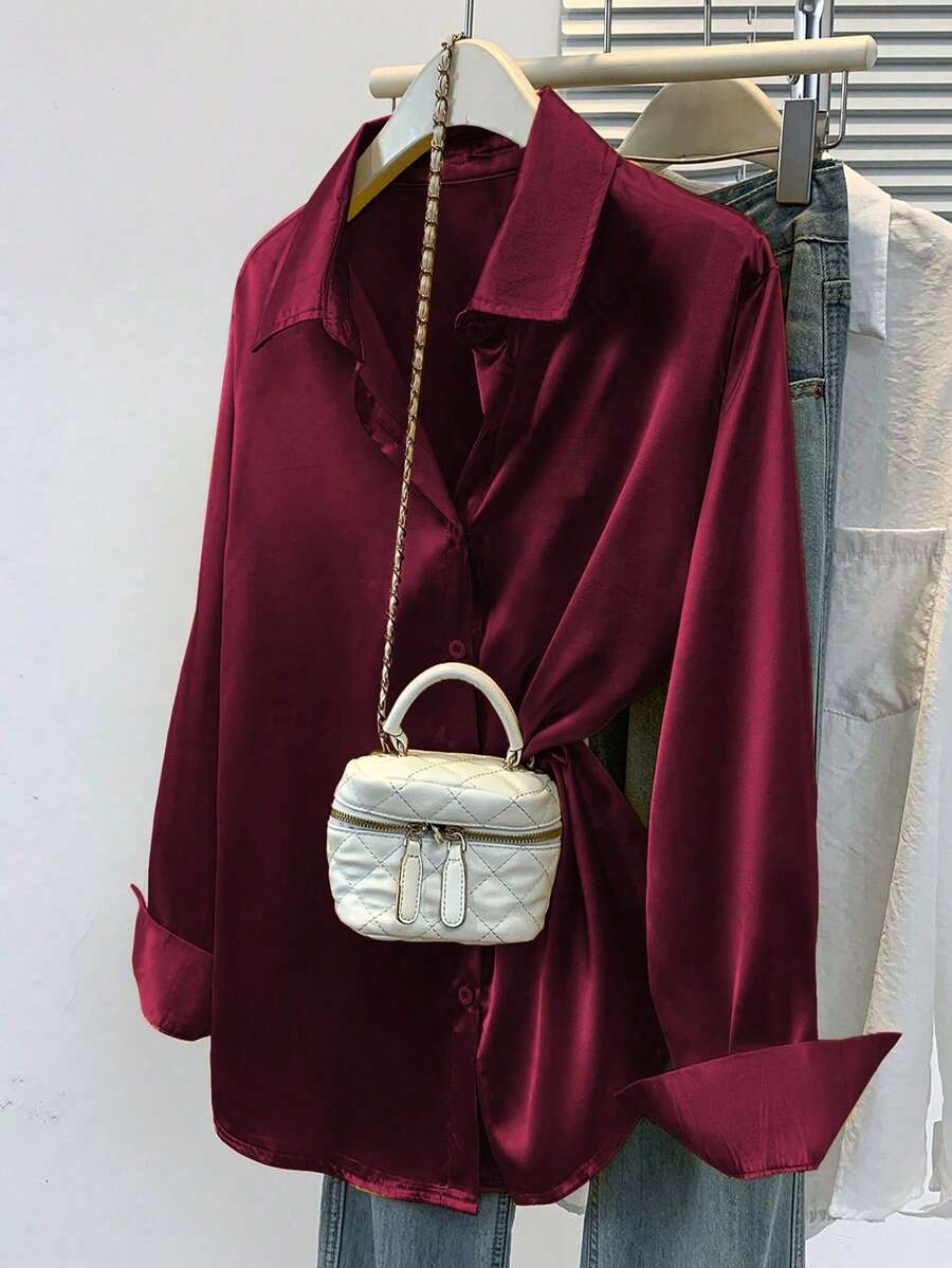 Valeria Satin Long Sleeve Button Down Collared Shirt - Burgundy