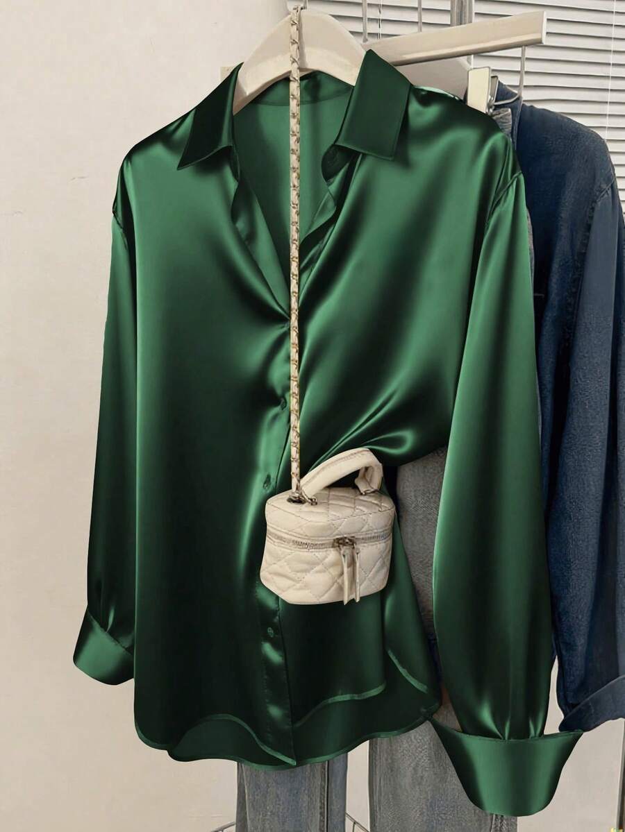 Valeria Satin Long Sleeve Button Down Collared Shirt - Emerald Green