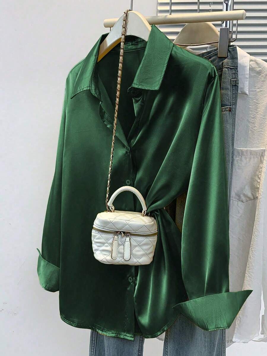 Valeria Satin Long Sleeve Button Down Collared Shirt - Emerald Green