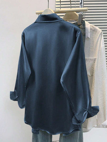 Valeria Satin Long Sleeve Button Down Collared Shirt - Navy Blue