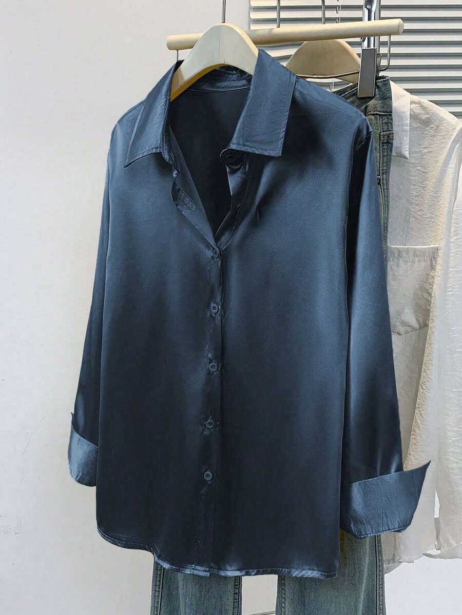 Valeria Satin Long Sleeve Button Down Collared Shirt - Navy Blue
