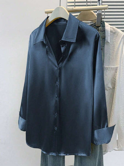 Valeria Satin Long Sleeve Button Down Collared Shirt - Navy Blue