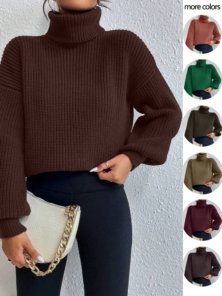 Wilhelmina Rib Knit Turtleneck Drop Shoulder Pullover Sweater - Baby Blue