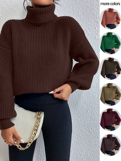 Wilhelmina Rib Knit Turtleneck Drop Shoulder Pullover Sweater - Baby Blue