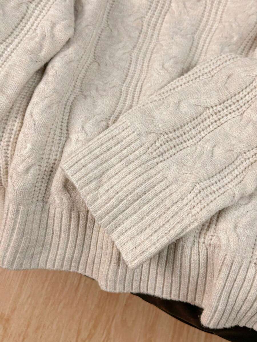 Solenne Oversized Chunky Cable Knit Sweater with Drop Shoulders - Cream