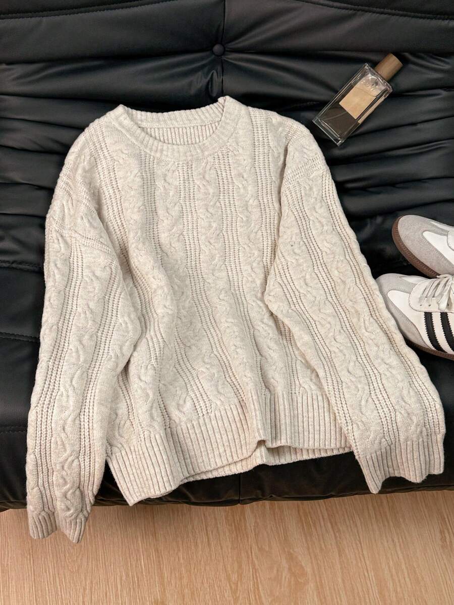 Solenne Oversized Chunky Cable Knit Sweater with Drop Shoulders - Cream