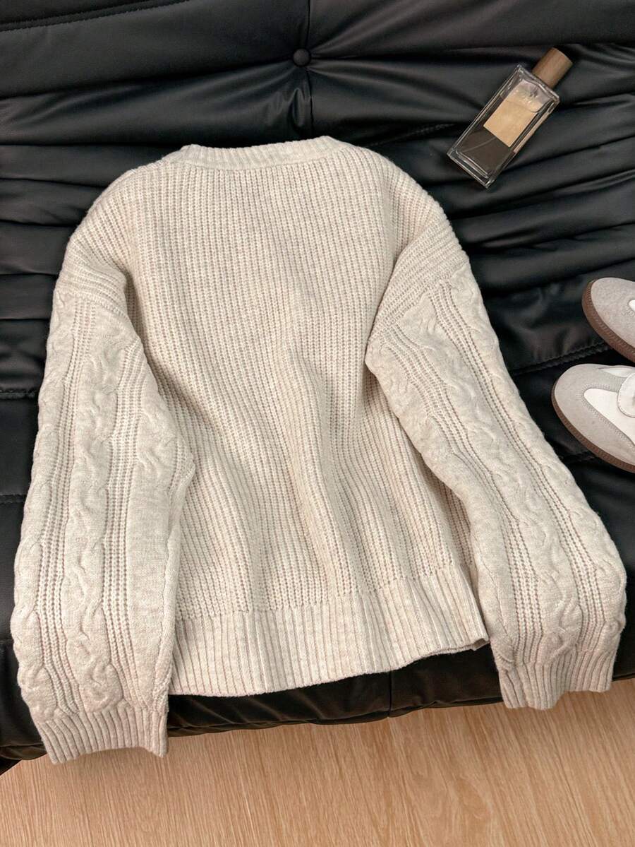 Solenne Oversized Chunky Cable Knit Sweater with Drop Shoulders - Cream
