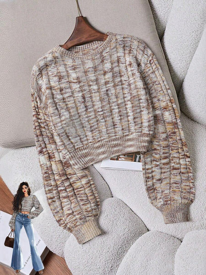 Oriana Cropped Cable Knit Sweater with Crew Neck - Oatmeal Marl