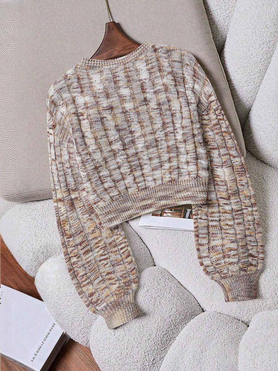 Oriana Cropped Cable Knit Sweater with Crew Neck - Oatmeal Marl