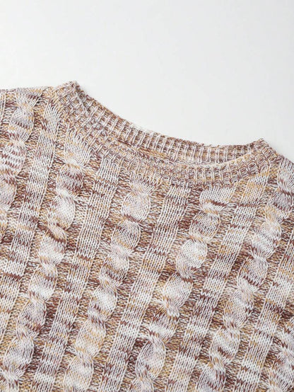 Oriana Cropped Cable Knit Sweater with Crew Neck - Oatmeal Marl