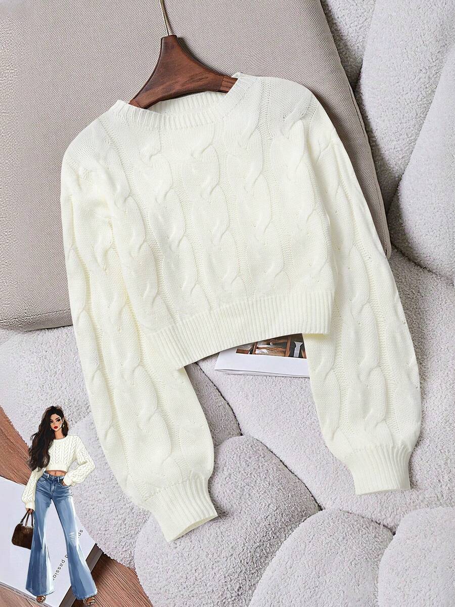 Oriana Cropped Cable Knit Sweater with Crew Neck - Ivory
