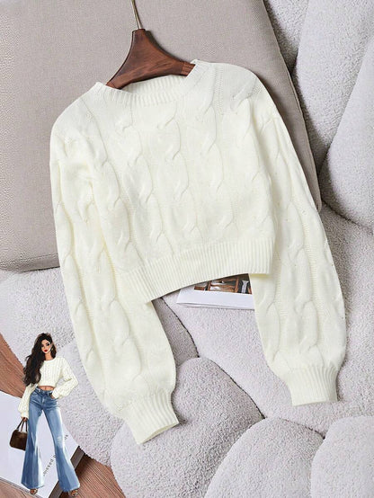 Oriana Cropped Cable Knit Sweater with Crew Neck - Ivory