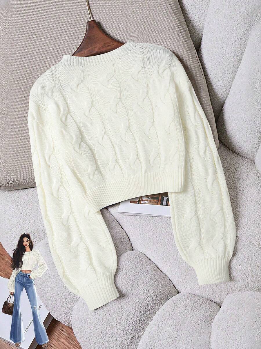 Oriana Cropped Cable Knit Sweater with Crew Neck - Ivory
