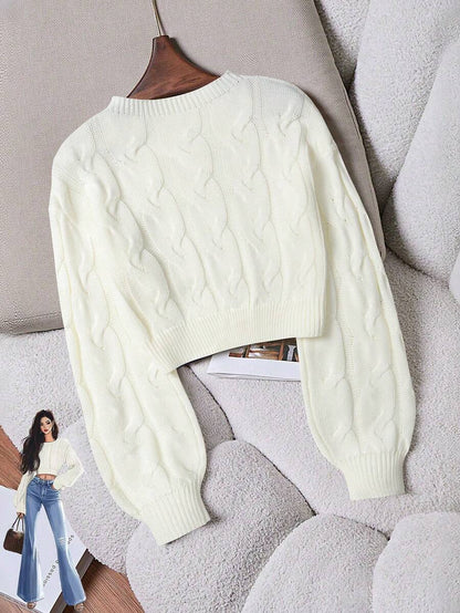 Oriana Cropped Cable Knit Sweater with Crew Neck - Ivory