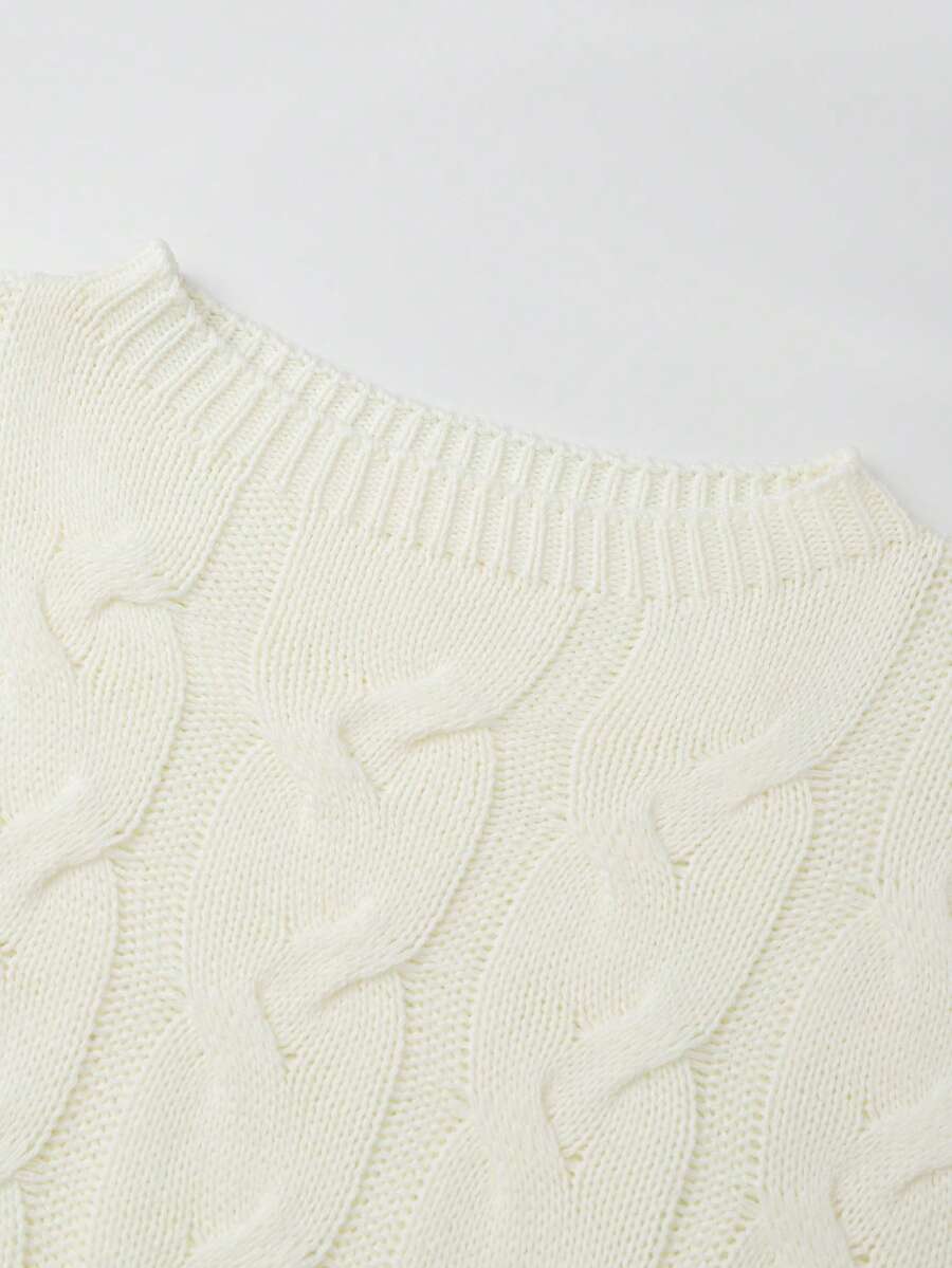Oriana Cropped Cable Knit Sweater with Crew Neck - Ivory