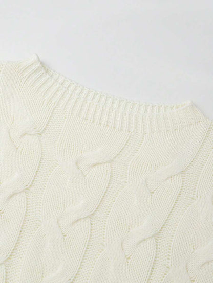 Oriana Cropped Cable Knit Sweater with Crew Neck - Ivory