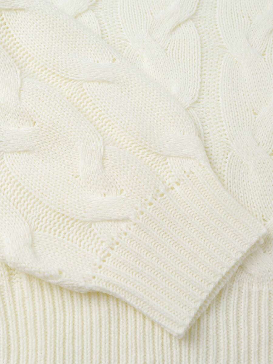 Oriana Cropped Cable Knit Sweater with Crew Neck - Ivory