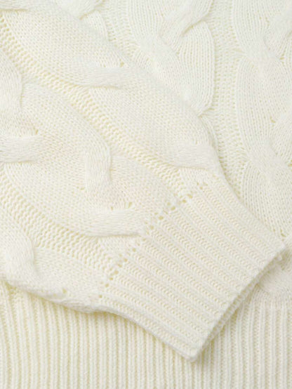 Oriana Cropped Cable Knit Sweater with Crew Neck - Ivory