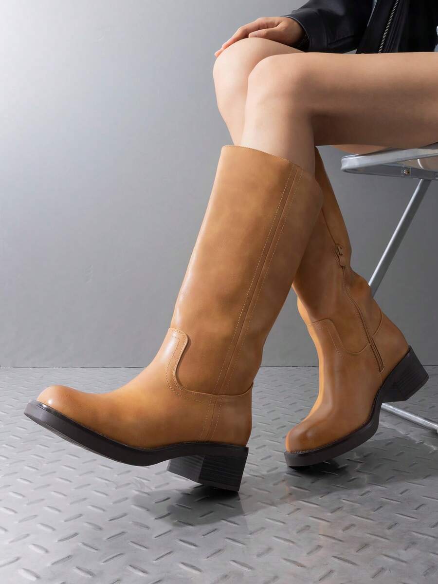 Womens Square Toe Chunky Block Heel Knee High Boots Banana Campus Boots For Women Casual Comfortable Low Heel Side Zipper Riding Tall Boots Mensa