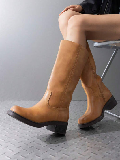 Womens Square Toe Chunky Block Heel Knee High Boots Banana Campus Boots For Women Casual Comfortable Low Heel Side Zipper Riding Tall Boots Mensa