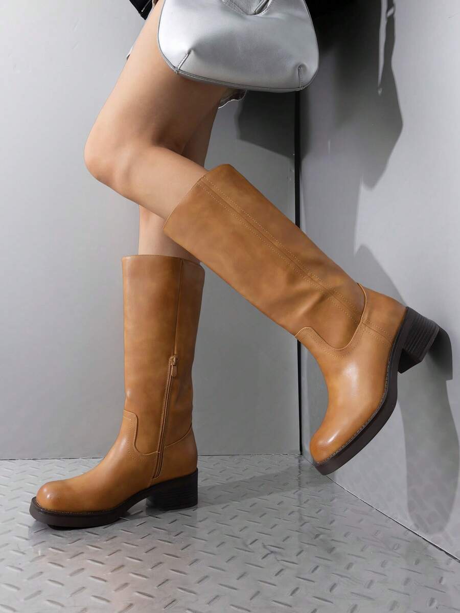 Womens Square Toe Chunky Block Heel Knee High Boots Banana Campus Boots For Women Casual Comfortable Low Heel Side Zipper Riding Tall Boots Mensa