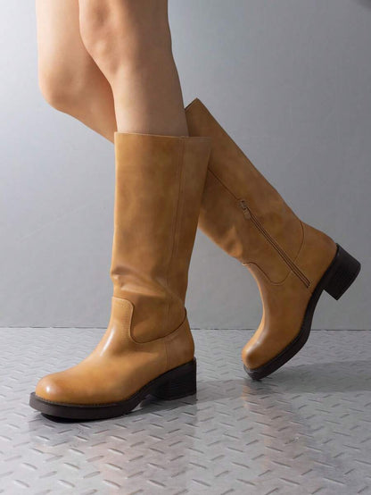 Womens Square Toe Chunky Block Heel Knee High Boots Banana Campus Boots For Women Casual Comfortable Low Heel Side Zipper Riding Tall Boots Mensa