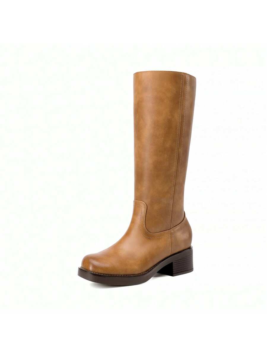 Womens Square Toe Chunky Block Heel Knee High Boots Banana Campus Boots For Women Casual Comfortable Low Heel Side Zipper Riding Tall Boots Mensa