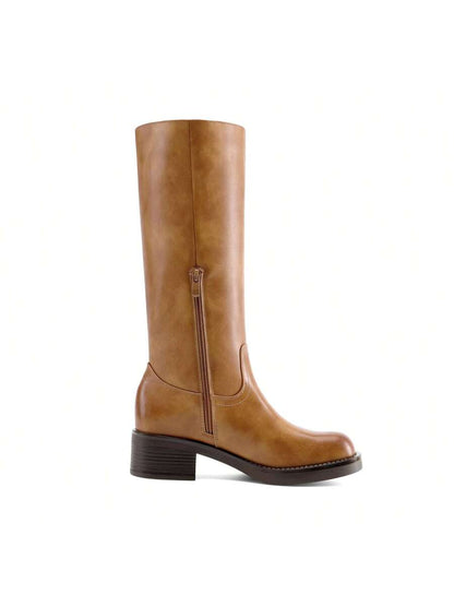 Womens Square Toe Chunky Block Heel Knee High Boots Banana Campus Boots For Women Casual Comfortable Low Heel Side Zipper Riding Tall Boots Mensa