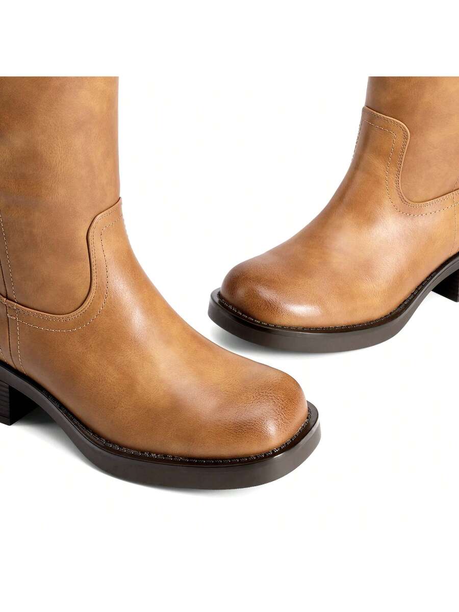 Womens Square Toe Chunky Block Heel Knee High Boots Banana Campus Boots For Women Casual Comfortable Low Heel Side Zipper Riding Tall Boots Mensa