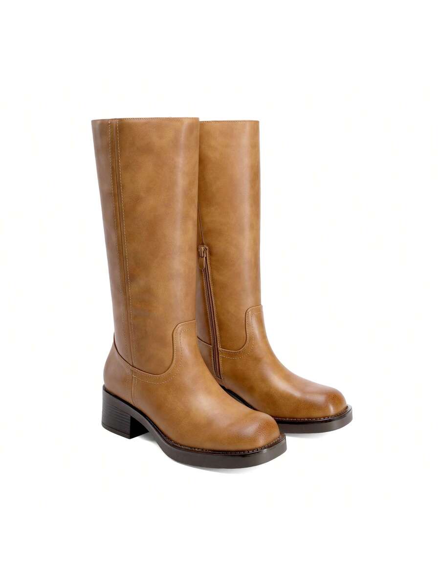 Womens Square Toe Chunky Block Heel Knee High Boots Banana Campus Boots For Women Casual Comfortable Low Heel Side Zipper Riding Tall Boots Mensa