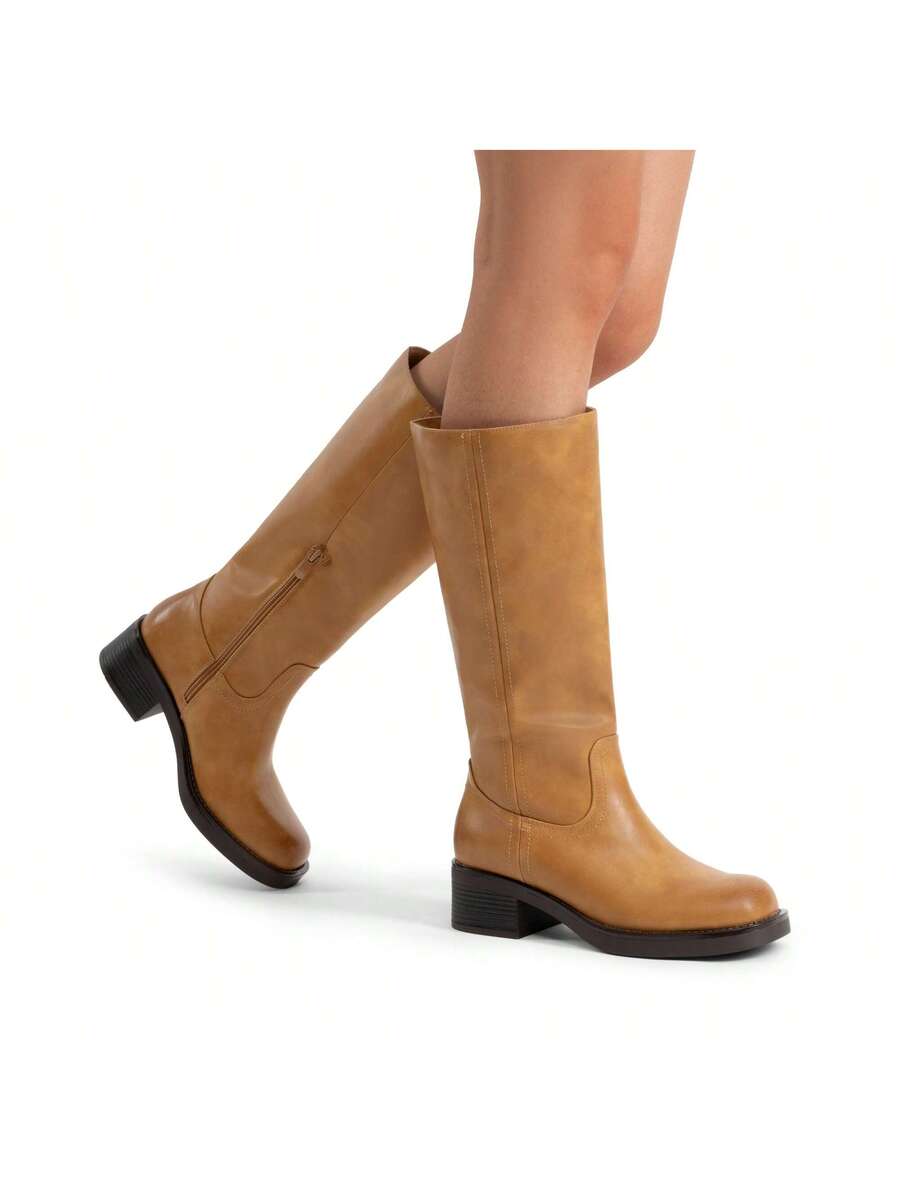 Womens Square Toe Chunky Block Heel Knee High Boots Banana Campus Boots For Women Casual Comfortable Low Heel Side Zipper Riding Tall Boots Mensa