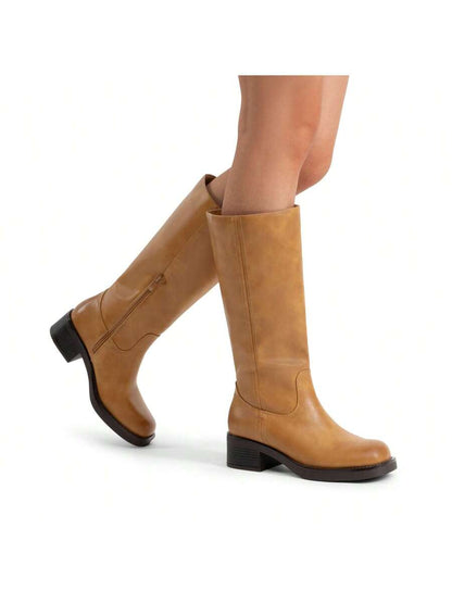 Womens Square Toe Chunky Block Heel Knee High Boots Banana Campus Boots For Women Casual Comfortable Low Heel Side Zipper Riding Tall Boots Mensa