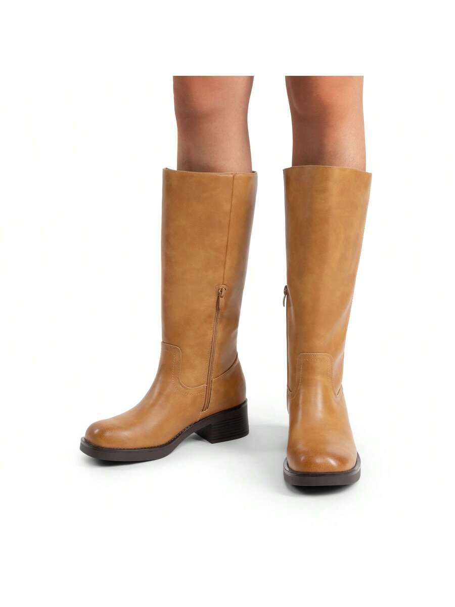 Womens Square Toe Chunky Block Heel Knee High Boots Banana Campus Boots For Women Casual Comfortable Low Heel Side Zipper Riding Tall Boots Mensa