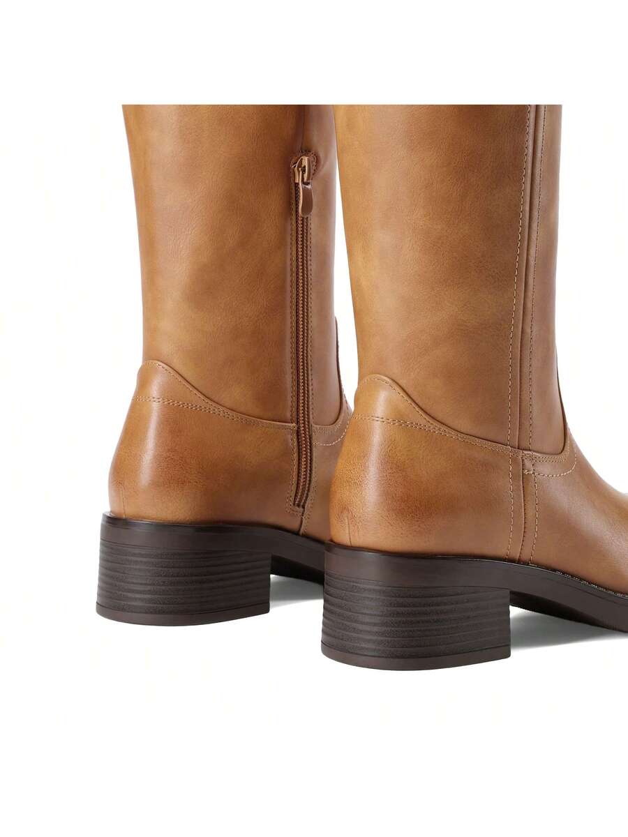 Womens Square Toe Chunky Block Heel Knee High Boots Banana Campus Boots For Women Casual Comfortable Low Heel Side Zipper Riding Tall Boots Mensa