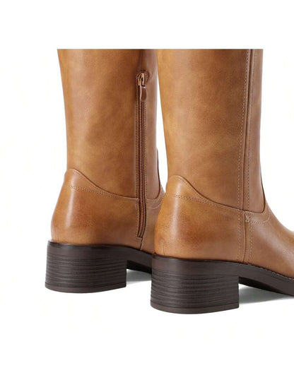 Womens Square Toe Chunky Block Heel Knee High Boots Banana Campus Boots For Women Casual Comfortable Low Heel Side Zipper Riding Tall Boots Mensa